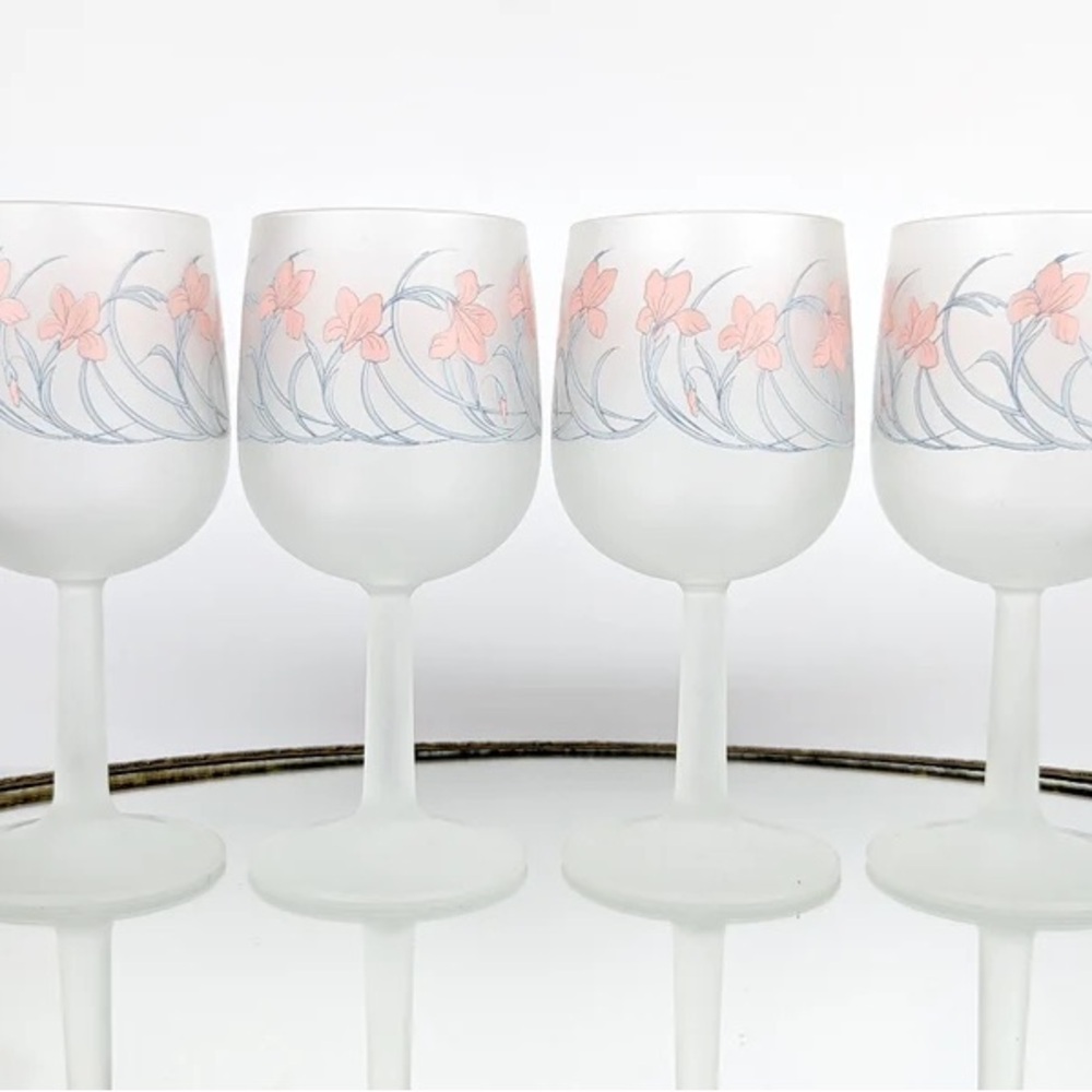 Set of 4 Italian Vintage 90s Frosted Wine Glasses with Pink Floral Design